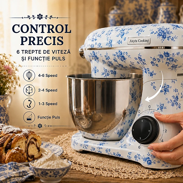 Robot de bucătărie Mixer cu bol din inox 6.5 L, 1800W, 4 accesorii incluse &ndash; Retro Floral &ndash; Anyta Cooking