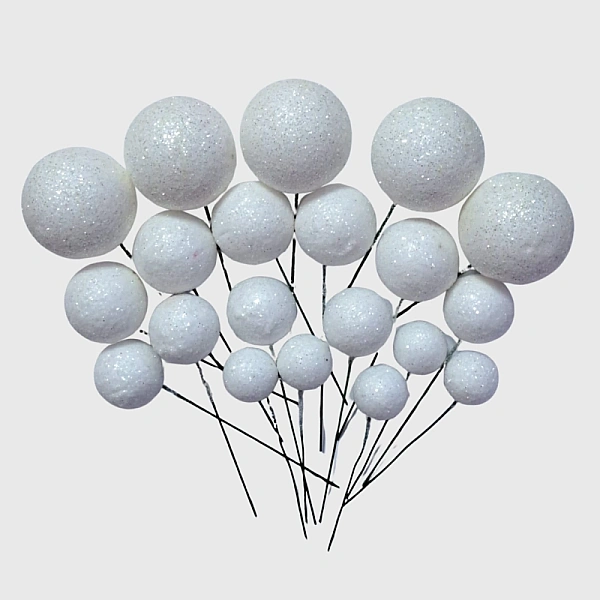 Set 20 sfere/bile din plastic pentru decor tort - Albe cu sclipici