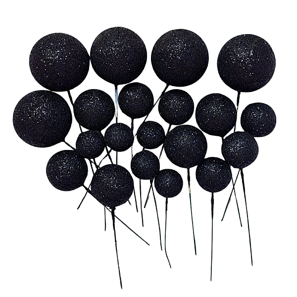  Set 20 sfere/bile din plastic pentru decor tort - Negru cu sclipici