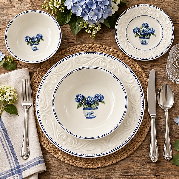 Set 24 de Farfurii de Masă, Model Vintage cu Hortensii Albastre &ndash; Anyta Cooking