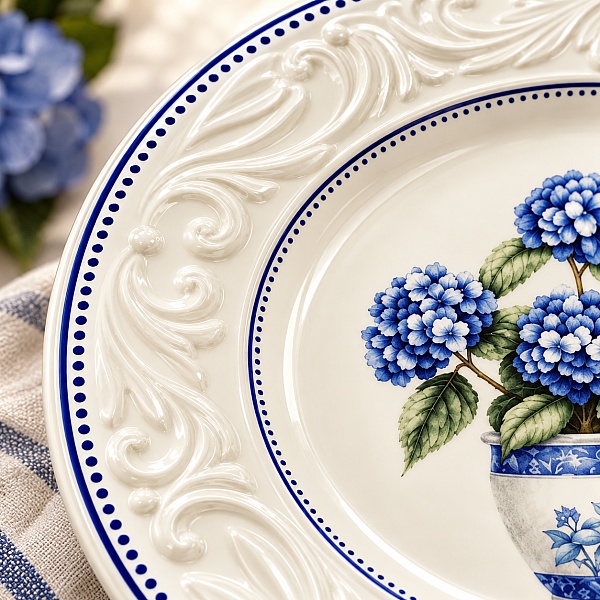 Set 24 de Farfurii de Masă, Model Vintage cu Hortensii Albastre &ndash; Anyta Cooking