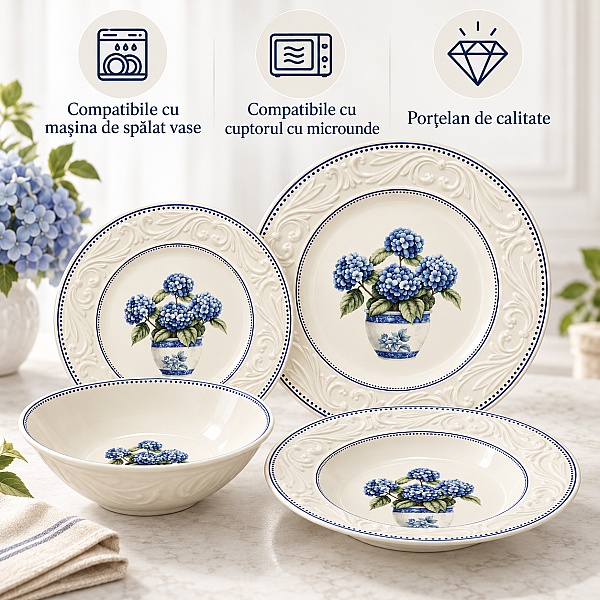 Set 24 de Farfurii de Masă, Model Vintage cu Hortensii Albastre &ndash; Anyta Cooking