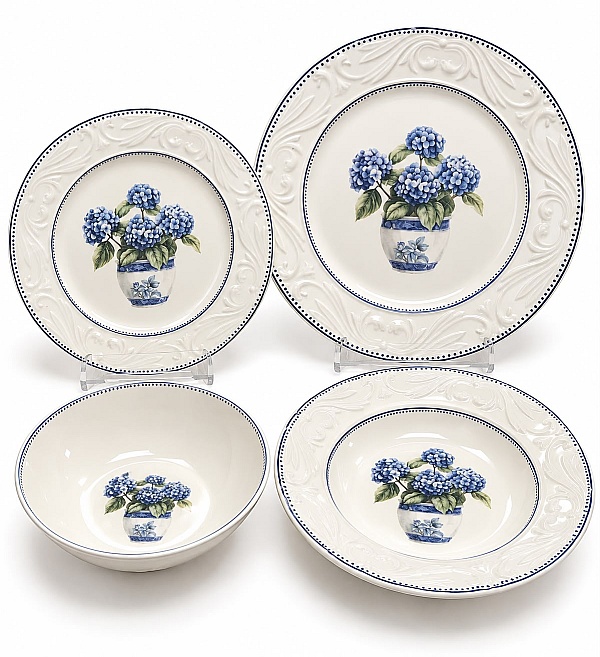 Set 24 de Farfurii de Masă, Model Vintage cu Hortensii Albastre &ndash; Anyta Cooking