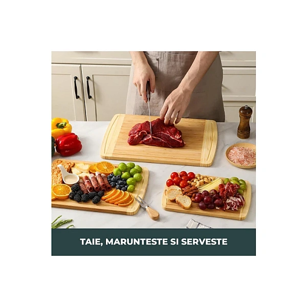 Set 3 Tocătoare din Bambus - 3 Dimensiuni - Reversibile, cu Canal pentru Suc