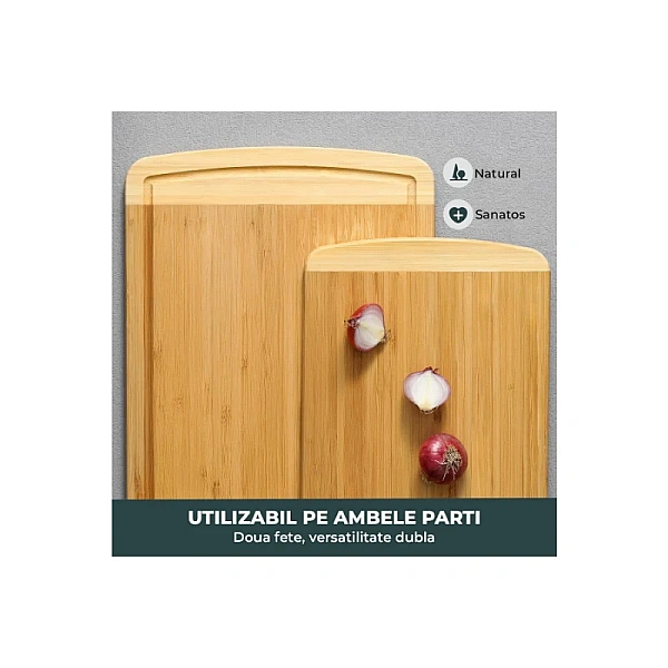 Set 3 Tocătoare din Bambus - 3 Dimensiuni - Reversibile, cu Canal pentru Suc