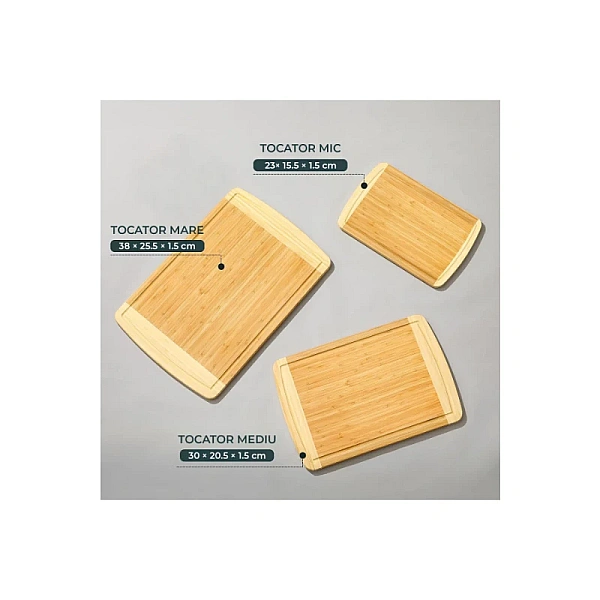 Set 3 Tocătoare din Bambus - 3 Dimensiuni - Reversibile, cu Canal pentru Suc