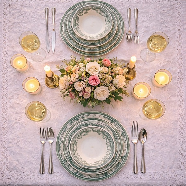 Set Veselă Porțelan Verde Floral &ndash; Colecția Anyta Home (2 Persoane, 8 Piese)