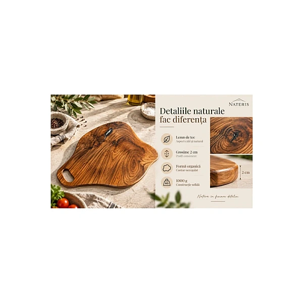 Tocător din Lemn de Tec cu Formă Organică și Margini Naturale - 30 x 19 x 2 cm