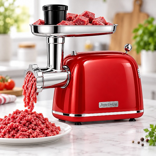 Mașină de Tocat Carne și Umplut C&acirc;rnați &ndash; Rosu - 2000W MAX, Angrenaje Metalice, 3 Site - Anyta Cooking