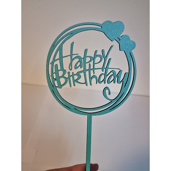Topper Tort Happy Birthday rotund cu inimioare Turquoaise ,MDF-Anyta Cooking