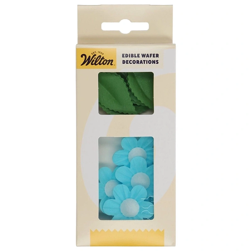 Set 11 decoratiuni comestibile din vafa Flori albastre si frunze - Wilton