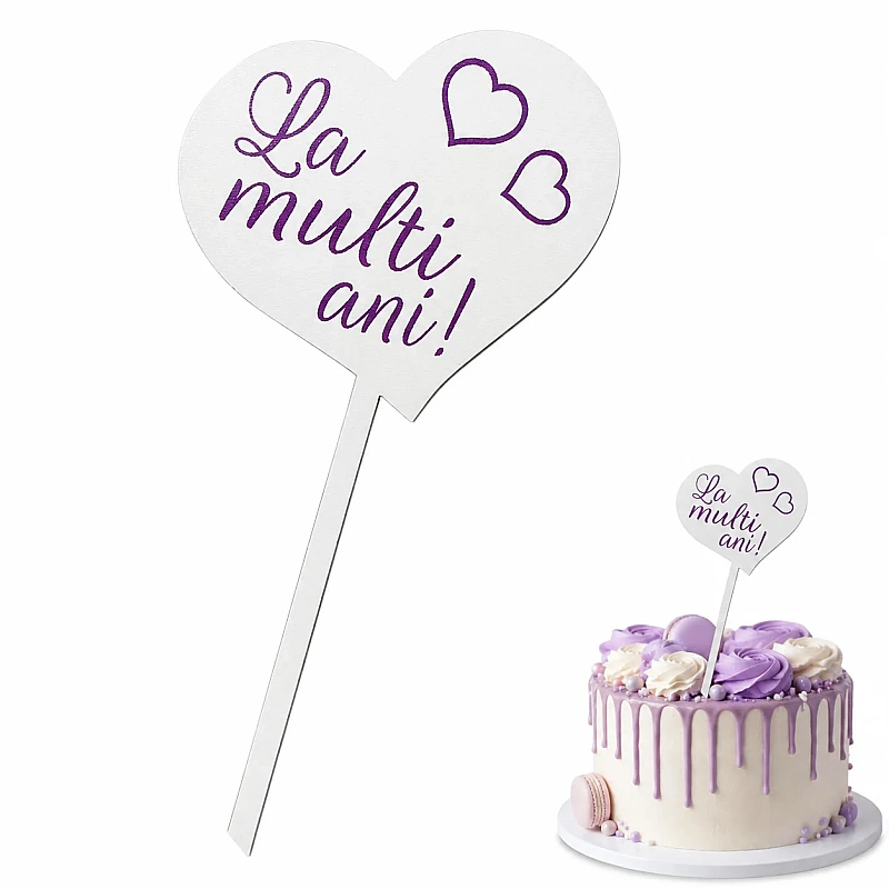 Topper tort MDF inima alba cu La multi ani scris cu roz - Anyta Cooking