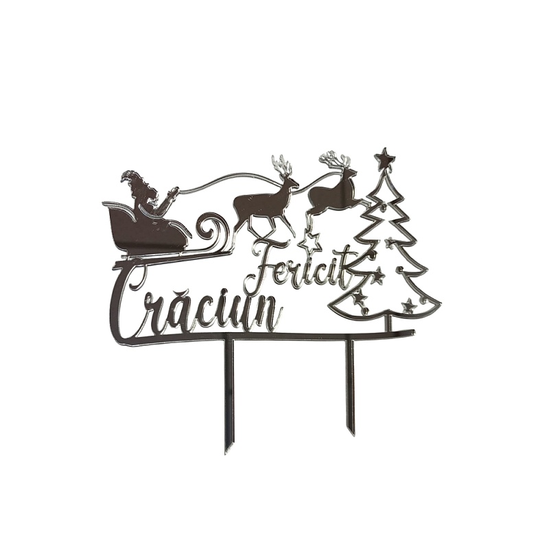 Topper Tort, Craciun fericit, Mos Craciun cu sania, argintiu, acril- Anyta Cooking