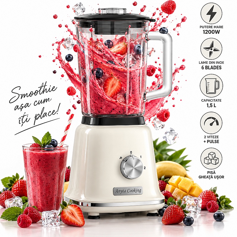 Blender Retro Vintage 1200W, Vas Sticlă 1,6L &ndash; Crem-  Anyta Cooking