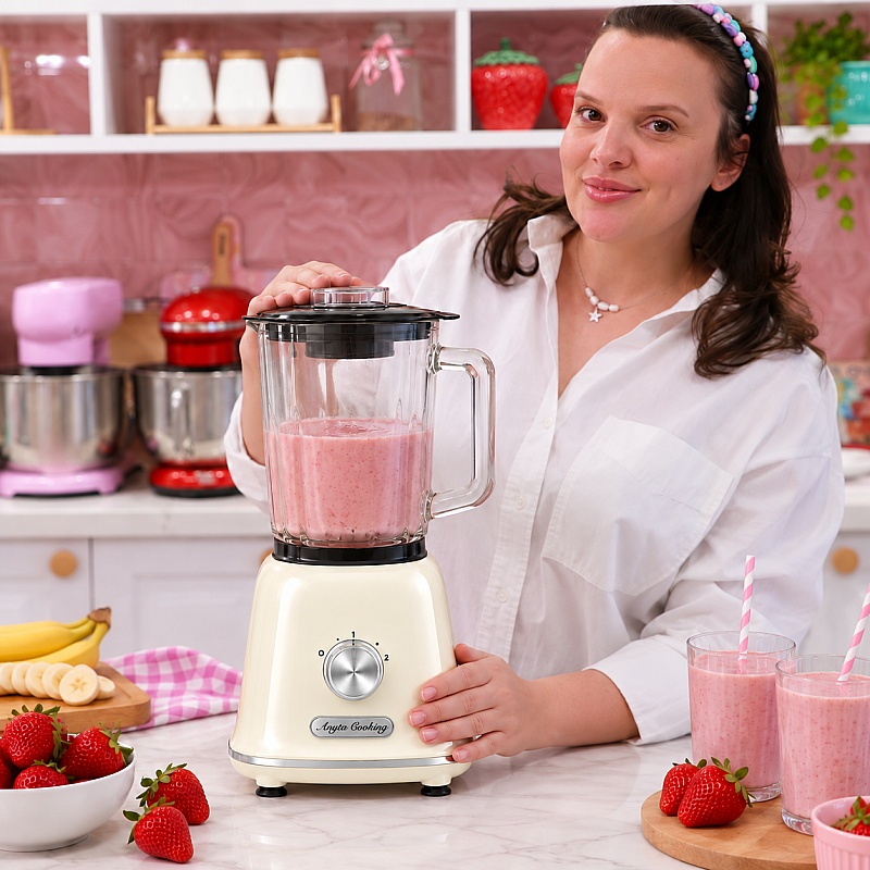 Blender Retro Vintage 1200W, Vas Sticlă 1,6L &ndash; Crem-  Anyta Cooking