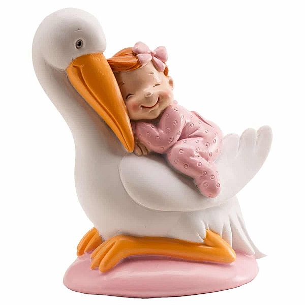 Figurină de tort botez &ndash; Barză cu copil care doarme, roz, 10 CM - Dekora - Anyta Cooking