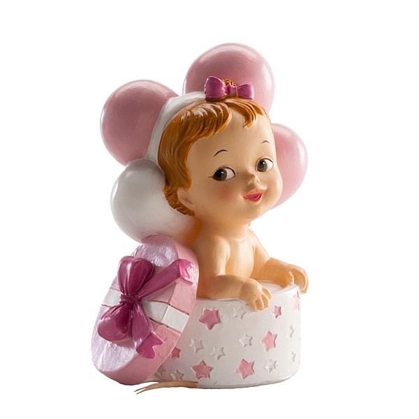 Figurina necomestibilă &ndash; Figurină de tort pentru botez &ndash; Fetiță cu cadou și baloane, 10.5 CM - Dekora - Anyta Cooking