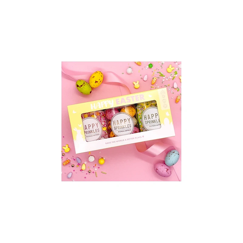 Set 3 buc decor din zahar &ndash; Happy Easter -  Editie Speciala de Paste - Happy Sprinkles (cutie galbena)