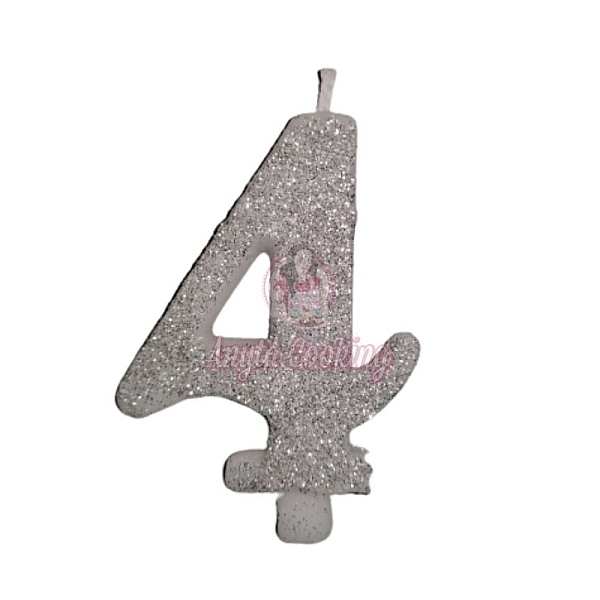 Lumanare Tort cu Sclipici - NR 4 - Argintiu - 7 cm - Anyta Cooking - Anyta Cooking