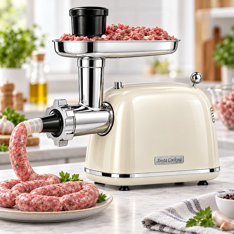 Mașină de Tocat Carne și Umplut C&acirc;rnați &ndash; Crem - 2000W MAX, Angrenaje Metalice, 3 Site - Anyta Cooking