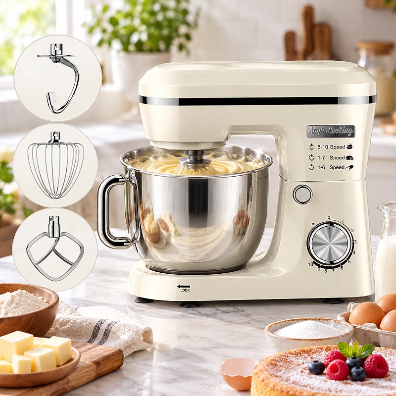 Mixer Planetar Retro Crem &ndash; 1500W-MAX, Bol Inox 4,5L, 10 Viteze - Anyta Cooking