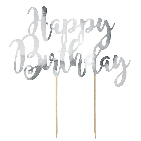 Ornament pentru Torturi Aniversare &rdquo;Happy Birthday&rdquo; - Argintiu - PartyDeco - Anyta Cooking