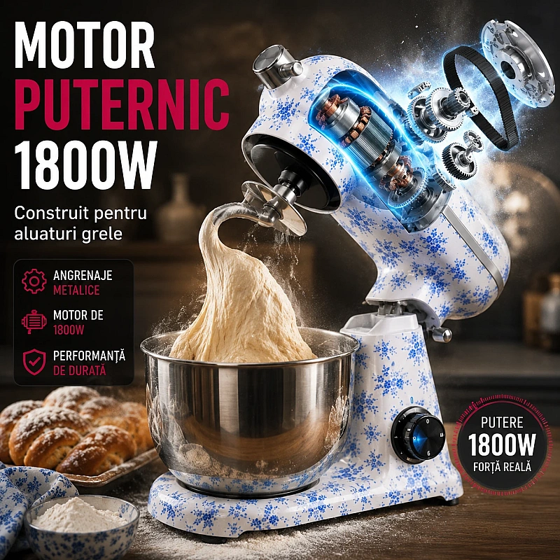 Robot de bucătărie Mixer cu bol din inox 6.5 L, 1800W, 4 accesorii incluse &ndash; Retro Floral &ndash; Anyta Cooking