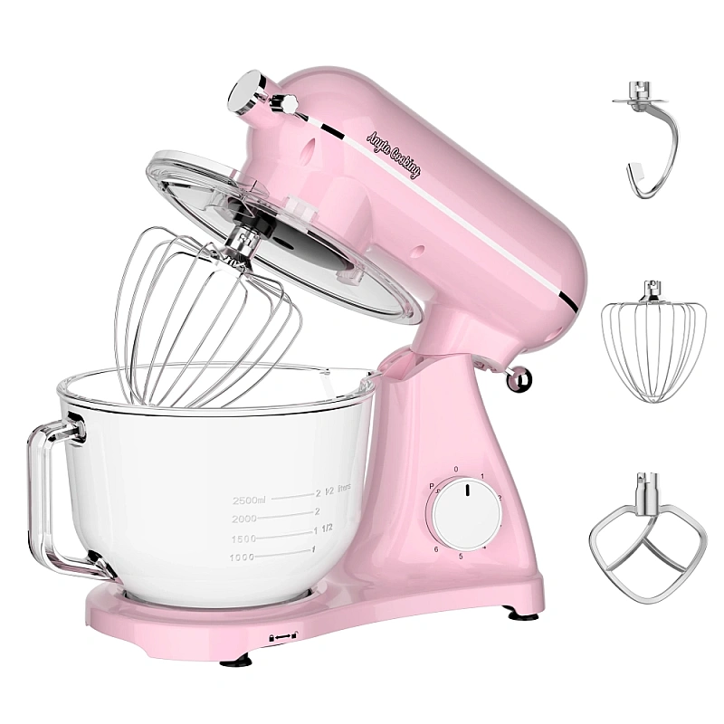 Robot de bucatarie Mixer cu bol Transparent de 6L din sticla,1800W, din aluminiu, Roz - Anyta Cooking