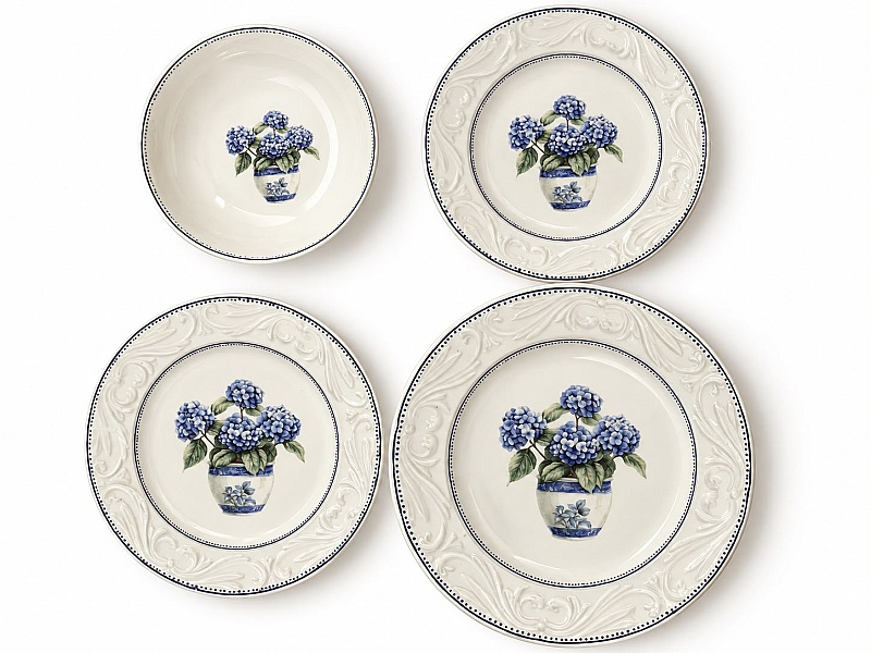 Set 24 de Farfurii de Masă, Model Vintage cu Hortensii Albastre &ndash; Anyta Cooking