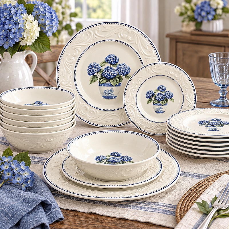 Set 24 de Farfurii de Masă, Model Vintage cu Hortensii Albastre &ndash; Anyta Cooking