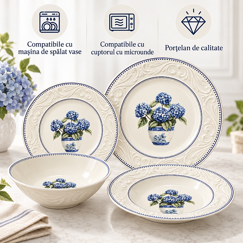 Set 24 de Farfurii de Masă, Model Vintage cu Hortensii Albastre &ndash; Anyta Cooking