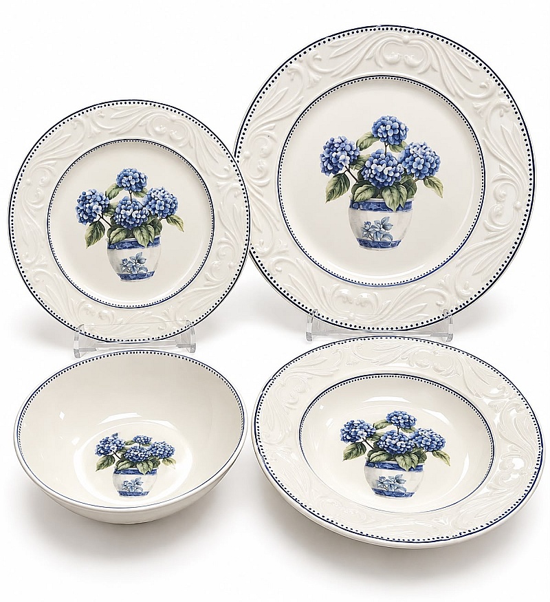 Set 24 de Farfurii de Masă, Model Vintage cu Hortensii Albastre &ndash; Anyta Cooking