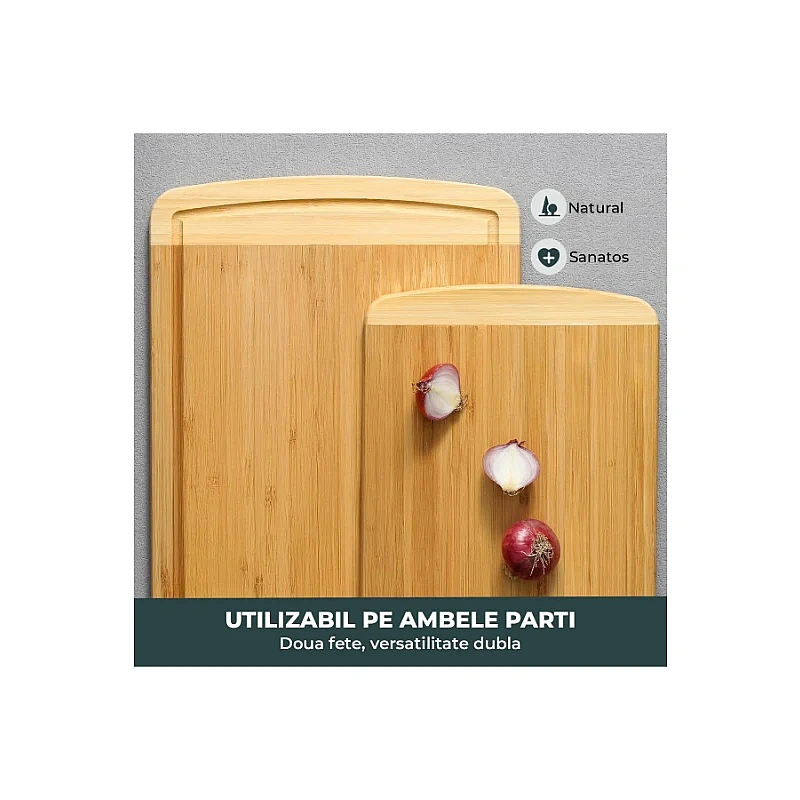 Set 3 Tocătoare din Bambus - 3 Dimensiuni - Reversibile, cu Canal pentru Suc