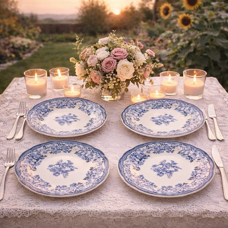 Set 4 Piese Veselă Porțelan Vintage Albastru &ndash; Colecția Anyta Home