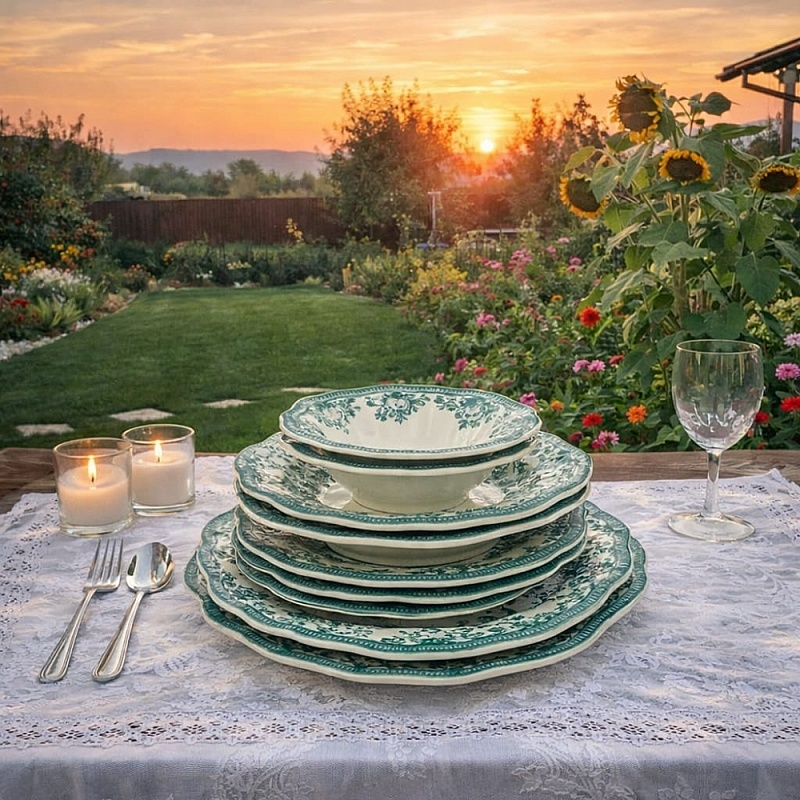 Set Veselă Porțelan Verde Floral &ndash; Colecția Anyta Home (2 Persoane, 8 Piese)