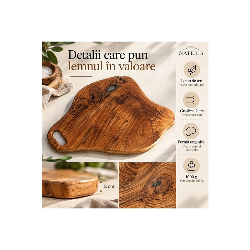 Tocător din Lemn de Tec cu Formă Organică și Margini Naturale - 30 x 19 x 2 cm