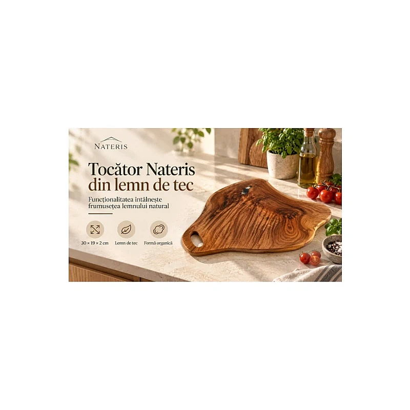 Tocător din Lemn de Tec cu Formă Organică și Margini Naturale - 30 x 19 x 2 cm