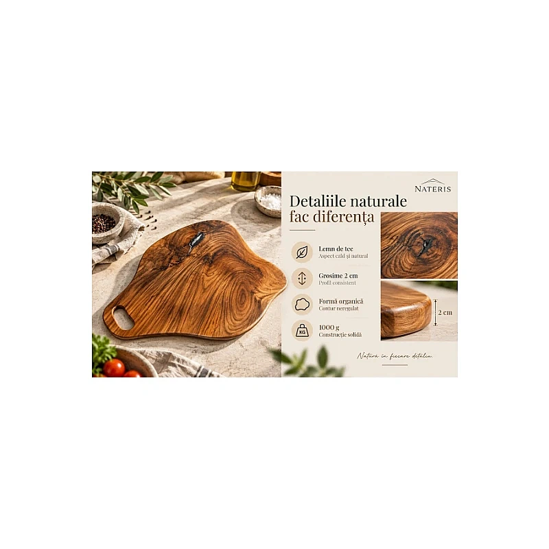 Tocător din Lemn de Tec cu Formă Organică și Margini Naturale - 30 x 19 x 2 cm