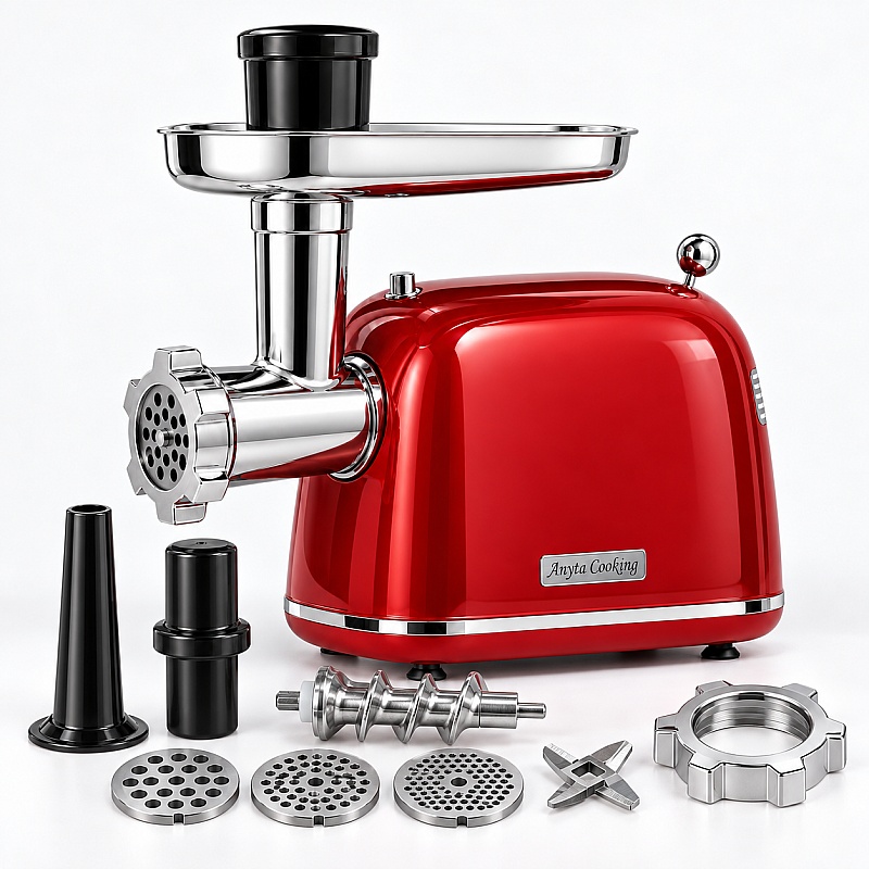 Mașină de Tocat Carne și Umplut C&acirc;rnați &ndash; Rosu - 2000W MAX, Angrenaje Metalice, 3 Site - Anyta Cooking