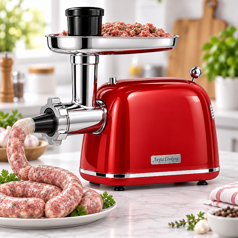 Mașină de Tocat Carne și Umplut C&acirc;rnați &ndash; Rosu - 2000W MAX, Angrenaje Metalice, 3 Site - Anyta Cooking
