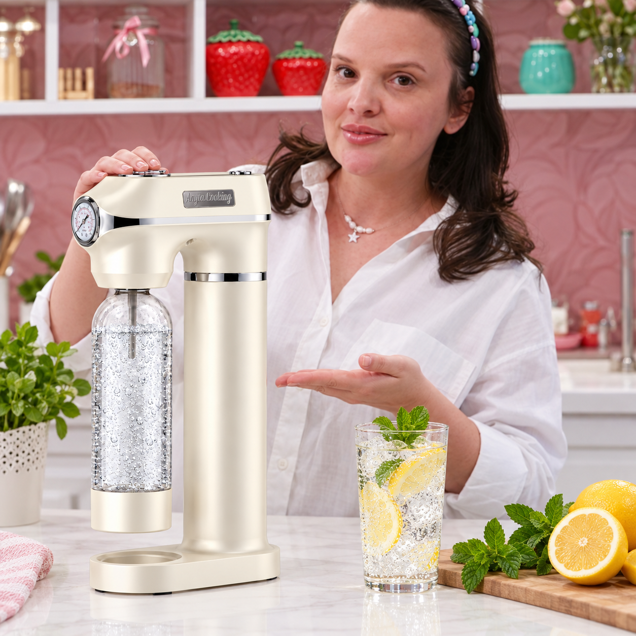 Aparat de Sifon pentru Apă Carbogazoasă, Butelie Inclusă, cu Reglaj de Intensitate - Crem - Anyta Cooking