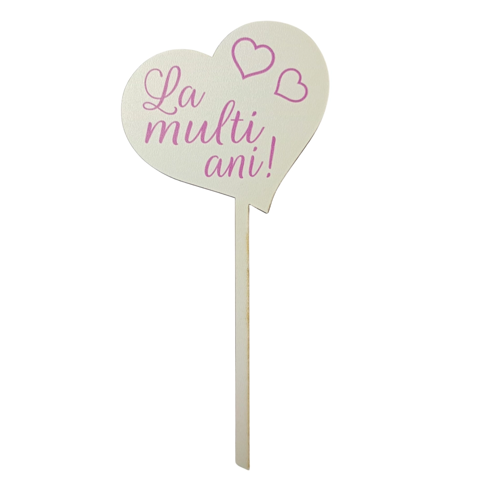 Topper tort MDF inima alba cu La multi ani scris cu roz - Anyta Cooking