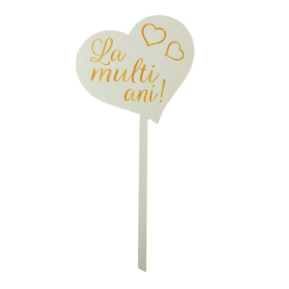 Topper tort MDF inima alba cu La multi ani scris cu galben - Anyta Cooking