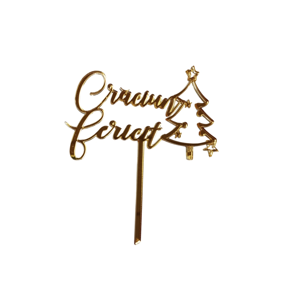 Topper Tort, Craciun fericit, bradut, auriu, acril - Anyta Cooking