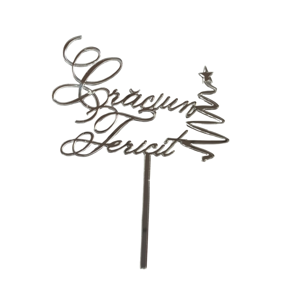 Topper Tort, Craciun fericit, bradut, argintiu, acril- Anyta Cooking