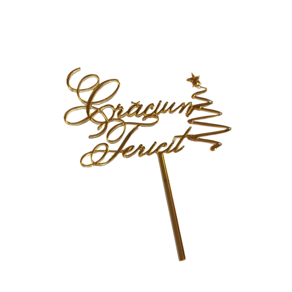 Topper Tort, Craciun fericit, bradut, auriu, acril- Anyta Cooking