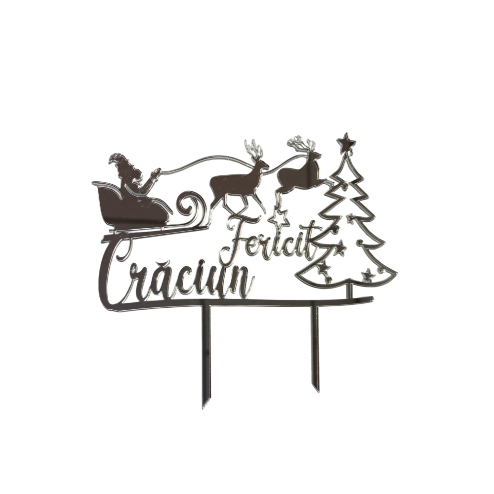 Topper Tort, Craciun fericit, Mos Craciun cu sania, argintiu, acril- Anyta Cooking