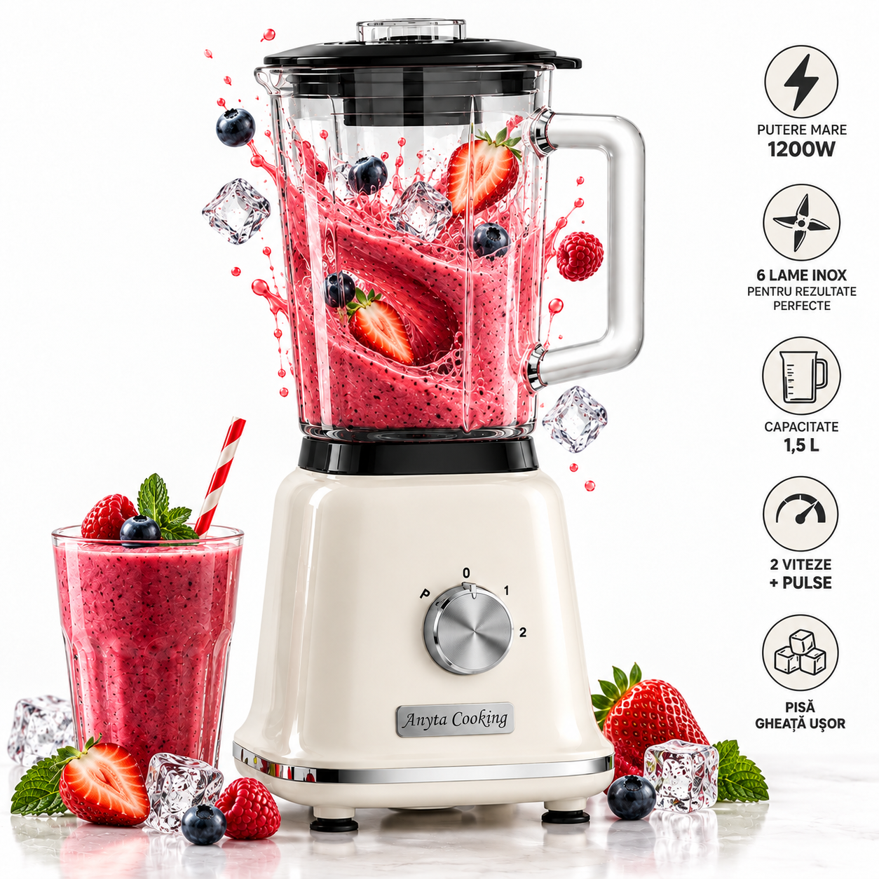 Blender Retro Vintage 1200W, Vas Sticlă 1,6L – Crem-  Anyta Cooking