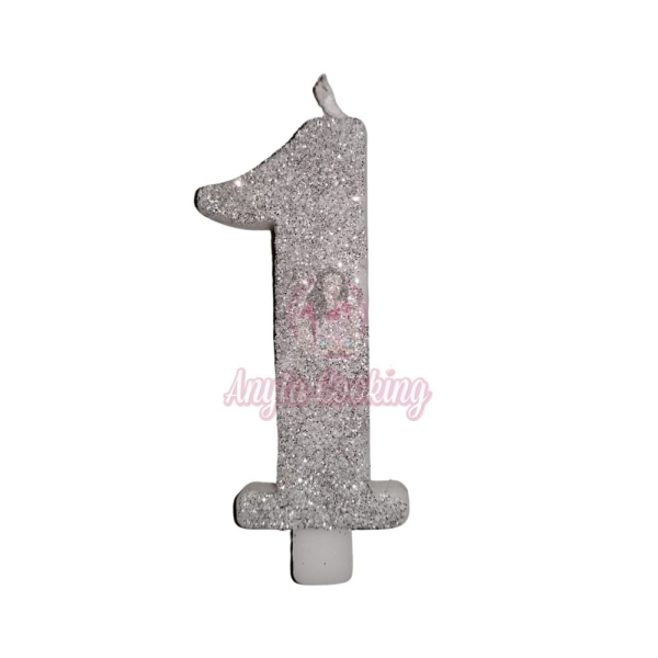 Lumanare Tort cu Sclipici - NR 1 - Argintiu - 7 cm - Anyta Cooking - Anyta Cooking