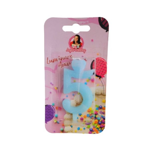 Lumanare Tort cu Sclipici - NR 5 - Albastru - Anyta Cooking - Anyta Cooking